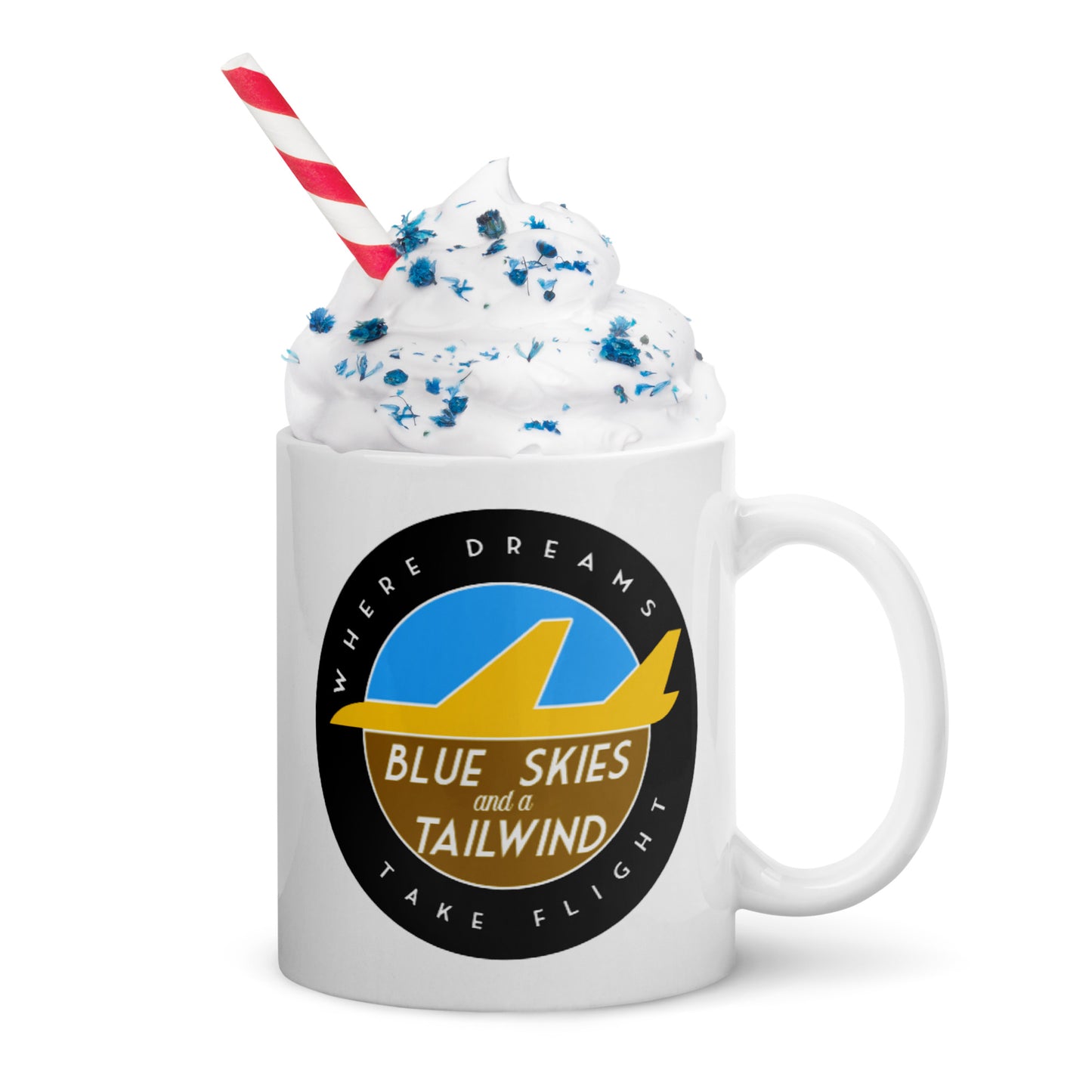 Blue Skies and a Tailwind White glossy mug