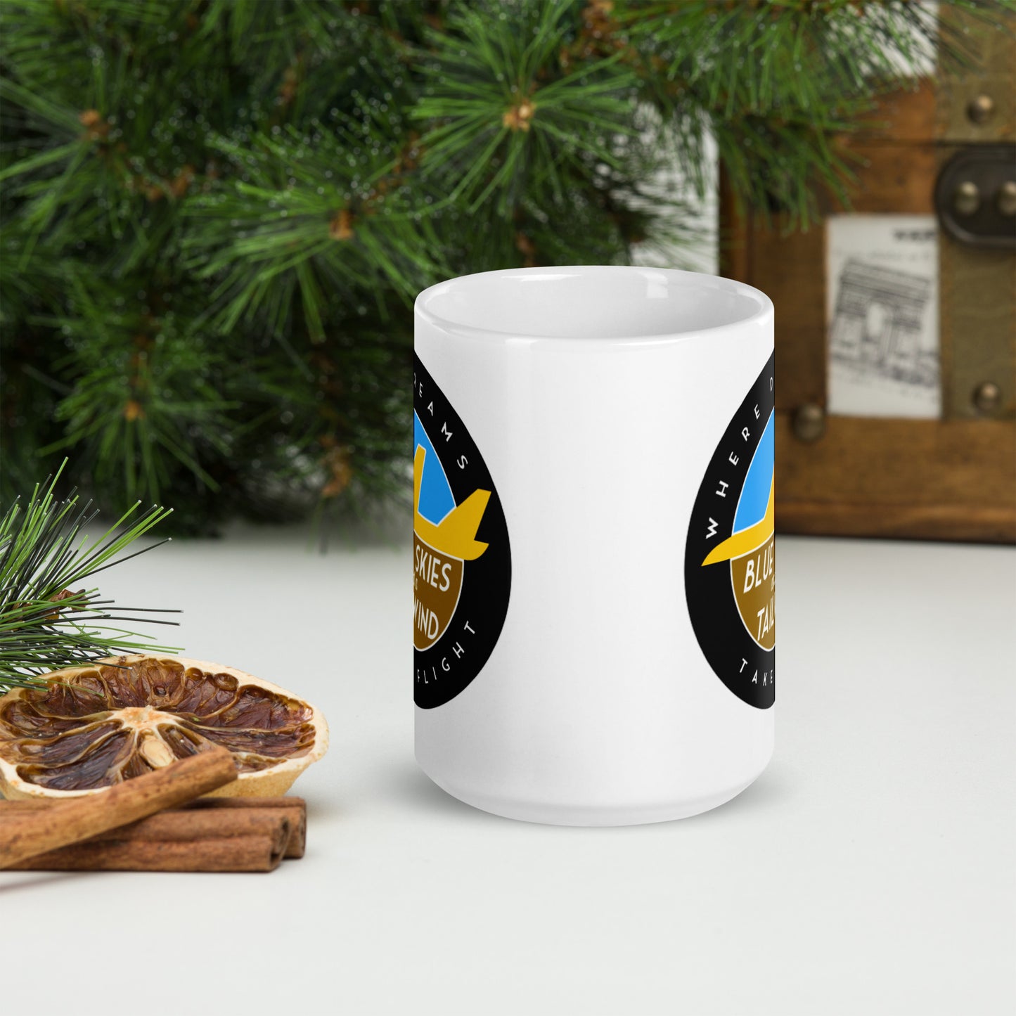 Blue Skies and a Tailwind White glossy mug