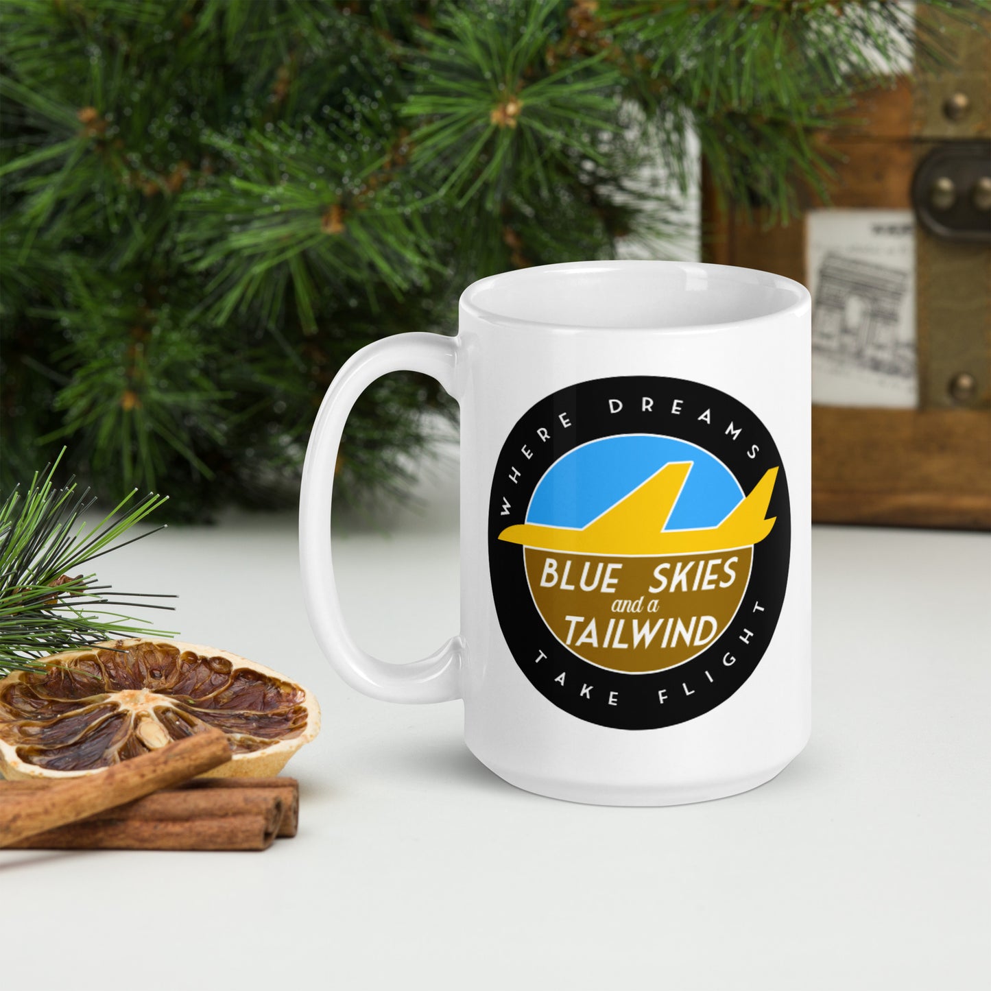 Blue Skies and a Tailwind White glossy mug