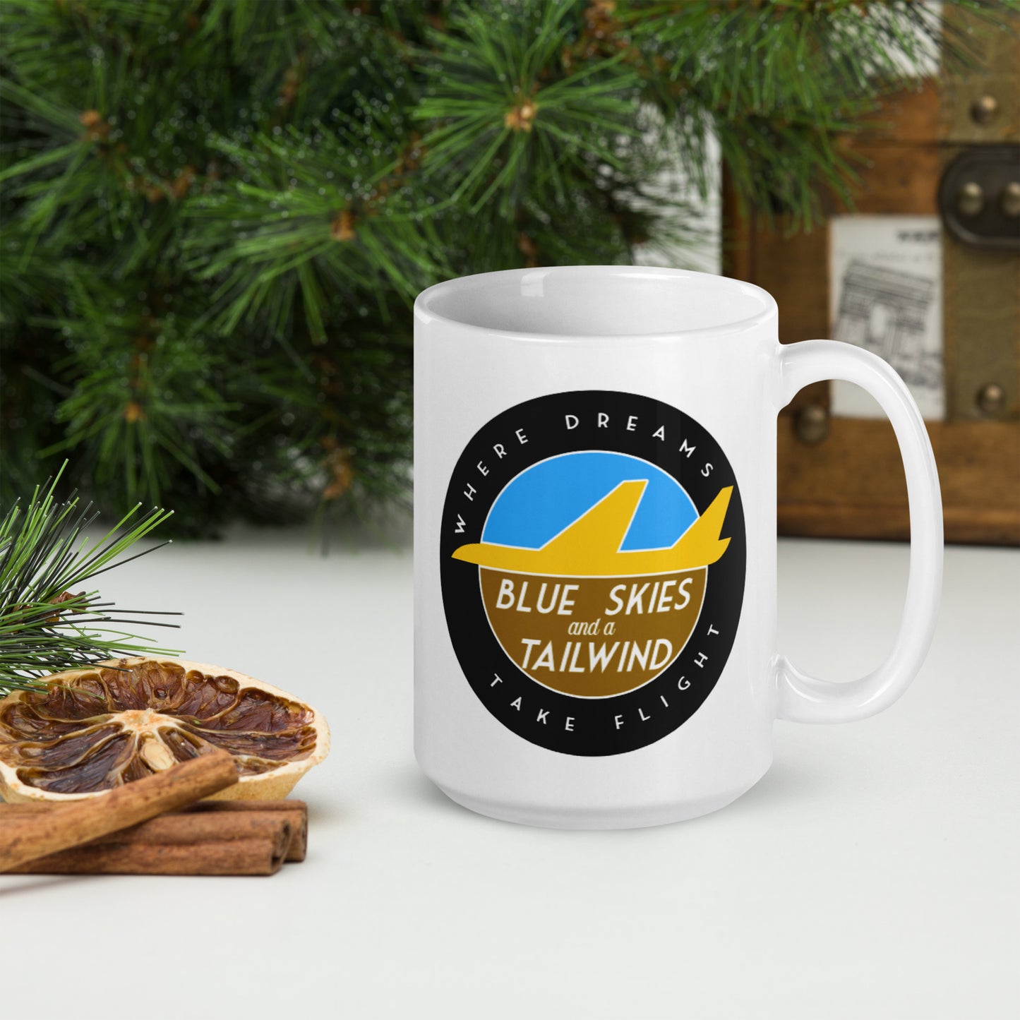 Blue Skies and a Tailwind White glossy mug