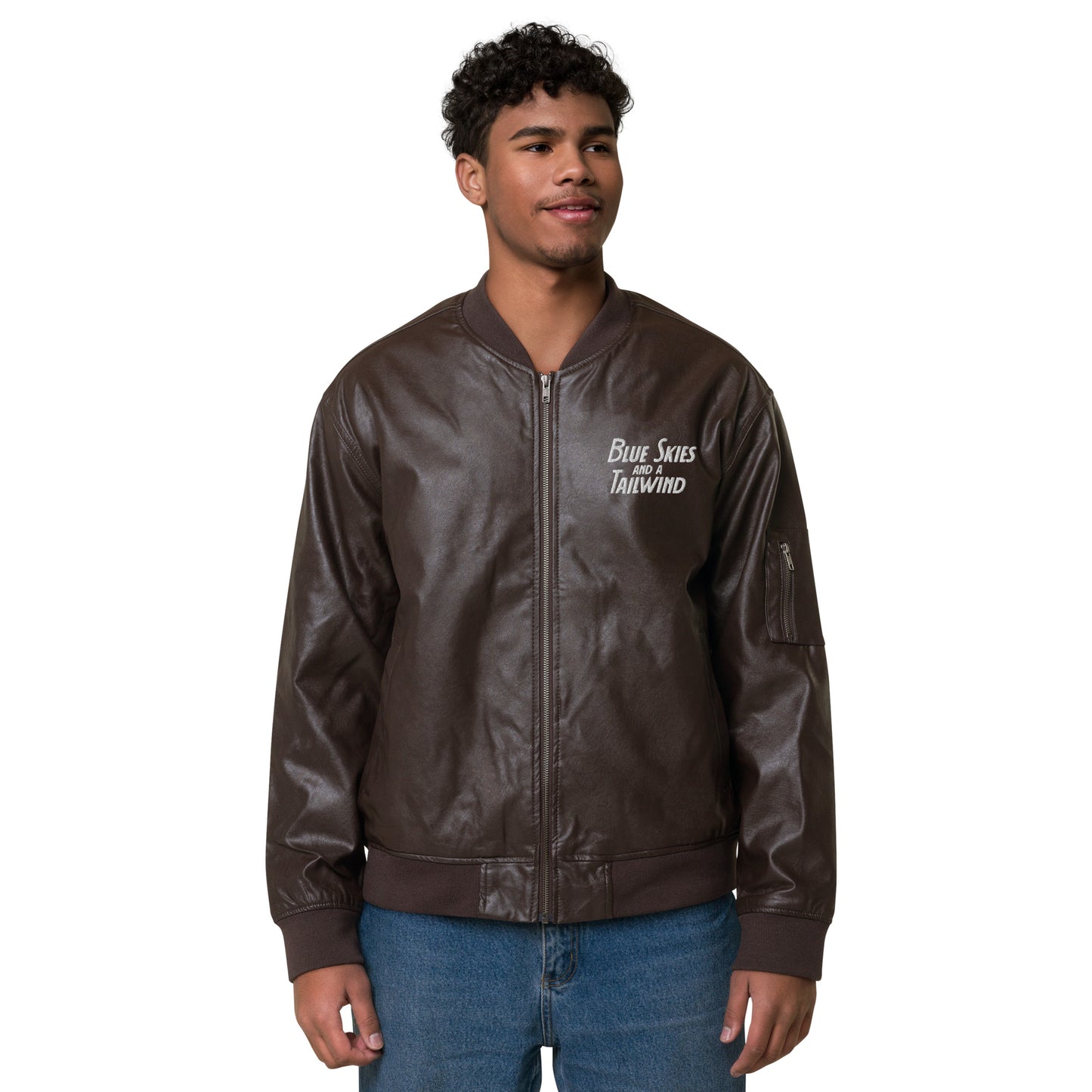 Blue Skies and a Tailwind Text Logo Leather Bomber Jacket